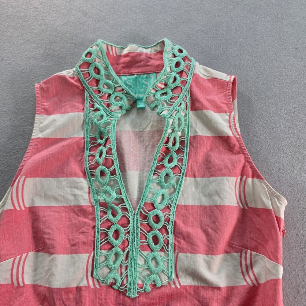 Sail to Sable Womens XS Pink White Striped Crochet Trim Shift Dress Coastal - Picture 2 of 8